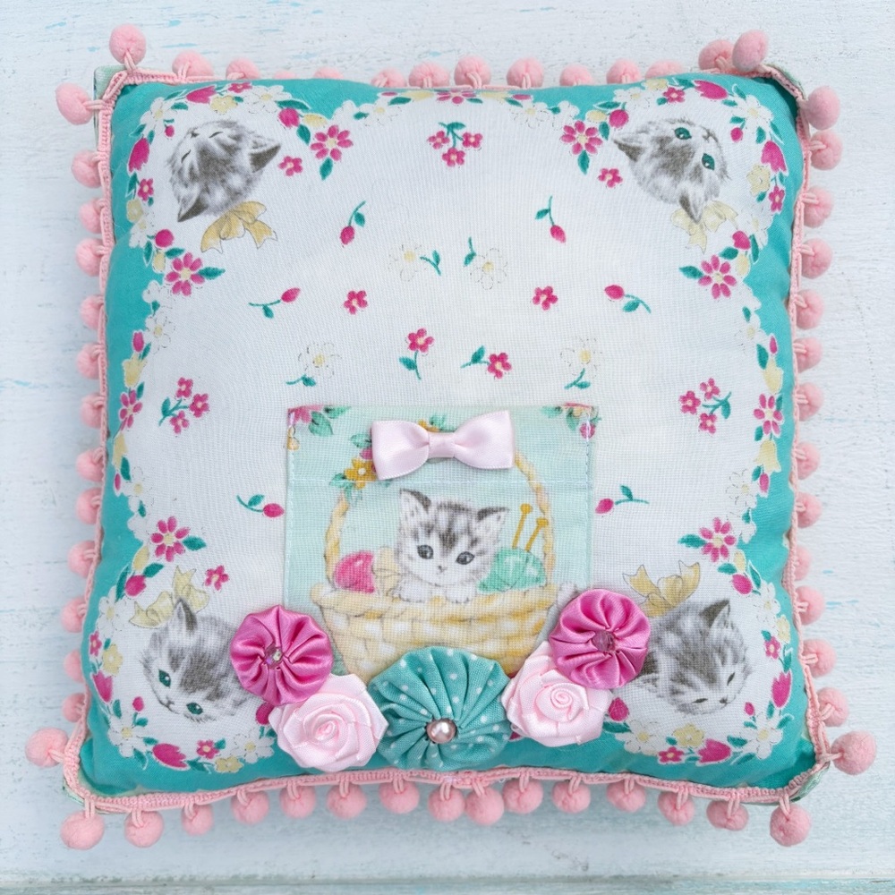 Vintage Kitty Cat Handkerchief Blue Pink Throw Pillow Pom Pom Trim Yo-Yo